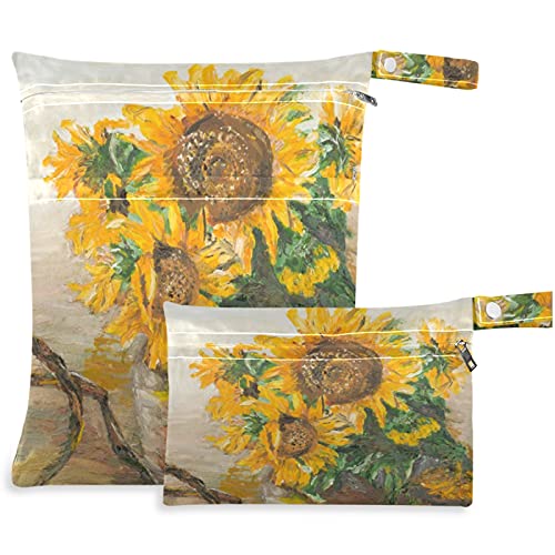 visesunny Sunflower Ретро Дизайн, 2 бр., Влажна чанта с джобове с цип, Моющаяся, Множество, Голям за Пътуване, плаж,