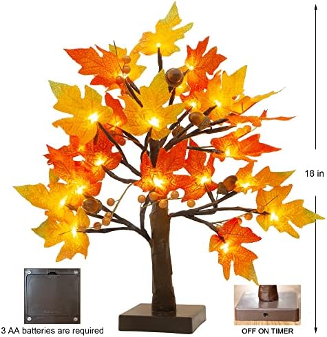 Есенни Декорации за маса Joliyoou, 18-Инчов Светлинен Кленовое дърво с Желудевыми Тиква, 24 светодиода, Централната Украса