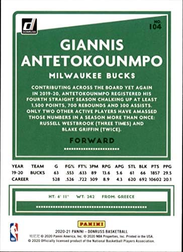 Баскетболно търговска картичка NBA 2020-21 Donruss 104 Giannis Антетокоунмпо, Ню Йорк, в близост До Mint Bucks