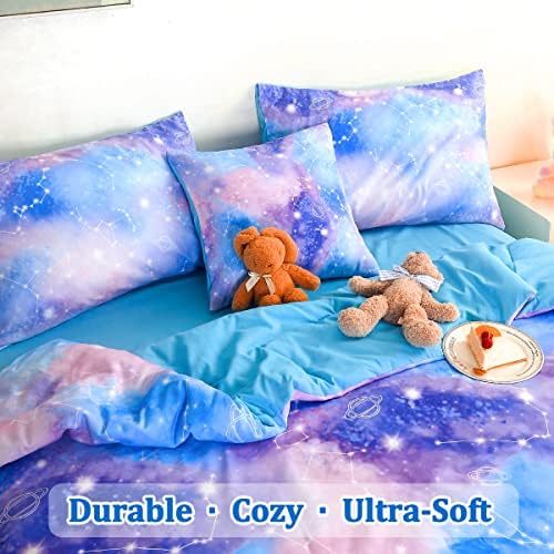 Комплект Спално бельо ASKOTU Galaxy Twin за момичета, Синьо-Лилава Омбре, 6 предмети, Спално Бельо в Чантата,