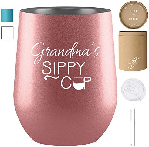 Чаша за вино Fancyfams Grandma's Sippy Cup, 12 унции, от Неръждаема Стомана, с Вакуумна изолация, с Капак и Соломинкой,