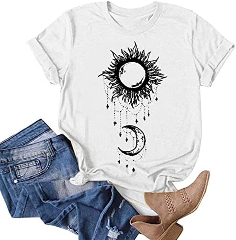 Kaniem/ Дамски Тениски, Графична Дамски Ежедневни Тениска, Тениска с Принтом на Слънцето, Луната, Звездите, Блуза