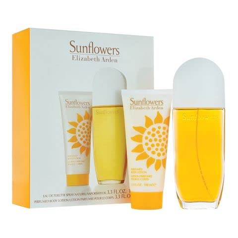 Флуоресцентни средства Sunflowers за жени От Elizabeth Arden Подаръчен комплект от 2 теми (Тоалетна вода 3,3 мл + Лосион за тяло 3,3 унции)