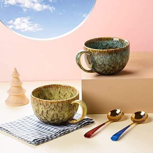WLDSKJ Големи Керамични чаши за Кафе с голяма дръжка и лъжици, Издръжлив Комплект за Голям екип, Чашата е Подходящ за