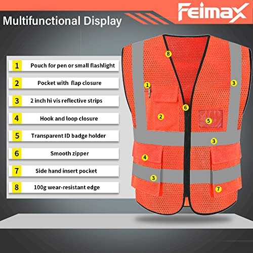 Жилетка за безопасност FEimaX Повишена видимост, Мрежести Светлоотразителни Работни Жилетки за Мъже и Жени с Джобове и цип,