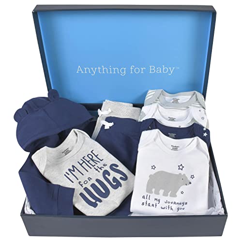 Подаръчен комплект дрехи Gerber Бебе от 8 теми (5 Боди, 2 Панталоните и 1 Жилетка с качулка), Синьо, 3-6 месеца