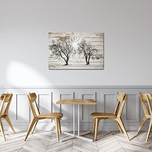 sechars - Черно-бялото Дърво на Изгрев слънце на селски дървен фона, Печат върху платно, Боядисване с Зимен Пейзаж,