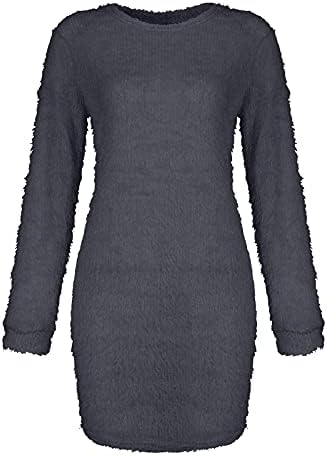 Дамски Модни Плътен Цвят През Цялата Деколте С Дълъг Ръкав Свободни Плюшени Рокля Пуловер