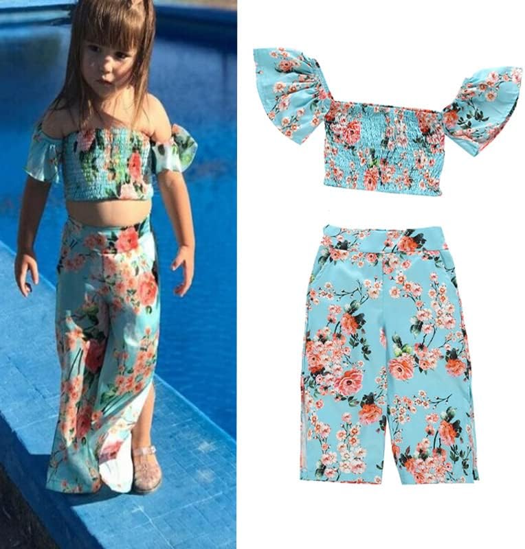 Rixin/ Комплект Хавайски Панталон с цветен Печат за малки момичета, Плиссированный Съкратен Топ с открити рамене