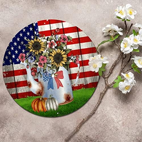 Кръгла Метална Табела с Американския Флаг И през Есента Тиква, Потрепанная Врата, Домашно приготвена Табела, Ретро Кръг,