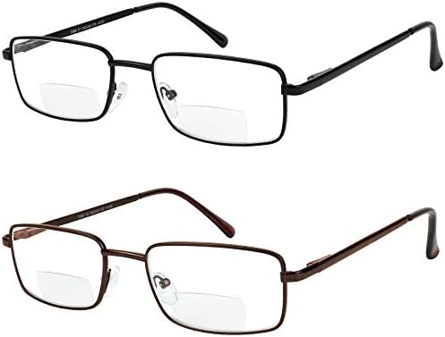 Yogo Vision Бифокални Очила За Четене, 2 Опаковки, Метални Очила за Четене с Пълна Рамки, Правоъгълни Очила
