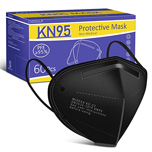Маски за лице MISSAA KN95, 60 опаковки, 5-Слойная Дишащи и Удобни Пылезащитная Маска с чаша, Черна Маска KN95, Защитни
