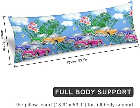 Ретро Автомобили Палмови Листа Калъфка за Тяло 20 × 54 инча с цип Облак Тропически Цветя Калъфка За Тяло Декоративна Правоъгълна