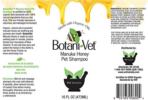 Сертифициран BotaniVet Органичен Шампоан за домашни любимци с мед от Манука 16 грама - Естествени Съставки - Ветеринарен