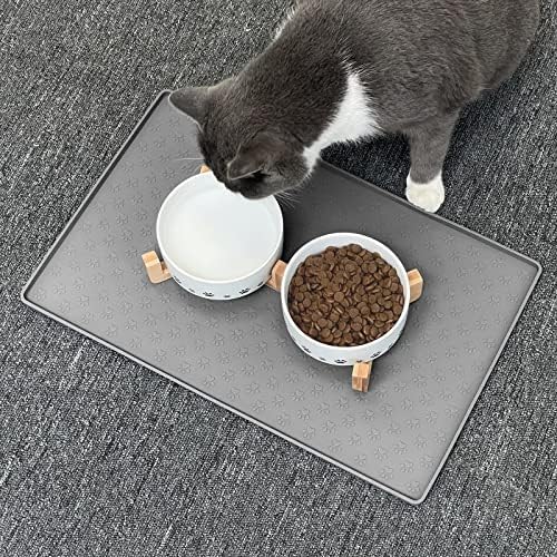 Ptlom Силикон подложка за хранене на кучета, котки с набор от керамични мисок за кучета