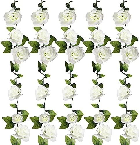 FloraSea 5 Опаковки 40 фута Венец от Изкуствени Рози, Изкуствени Копринени Лозя от Бели Рози, Подвесная Цветна