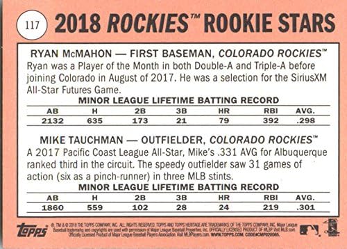 2018 Topps Heritage 117 Майк Таучман / Райън Макмеън Бейзболна картичка начинаещ Колорадо в Скалистите планини