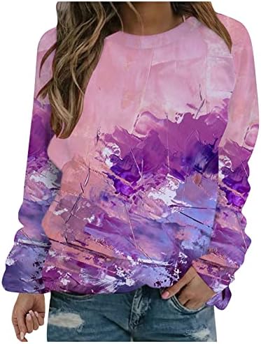 NOKMOPO Плюс Размер Блузи за Жени Ежедневна Мода Цветен Принт С Дълъг Ръкав Кръгъл Отвор Пуловер Топ Hoody с