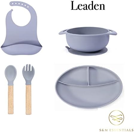 Комплект за хранене S & M за деца - силиконов комплект от 5 теми - включва лигавник, присоску, чиния, вилица и лъжица -