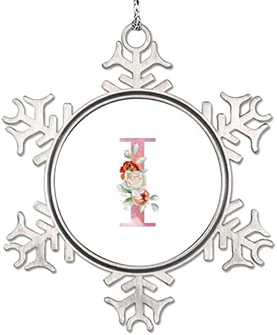 Монограм Начална Буква I Снежинки Украса Розова Буква Божур Цветя Украса за Коледни Елхи Персонализирани Коледна