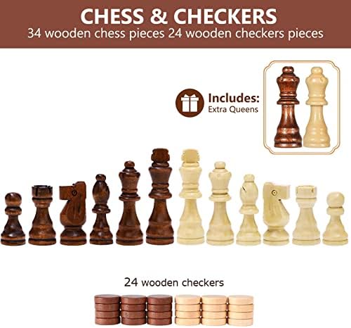 Комплекти за шах - 15-Инчов Дървена Настолна игра с магнитни шах и пулове с 2 допълнителни фигури на Кралицата - шах