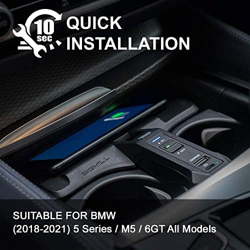 Безжично зарядно за кола SIGHILL, съвместимо с всички модели на BMW (2018-2021) 5 Series /M5 / 6GT.Qi 15 W MAX, 2 порта Type