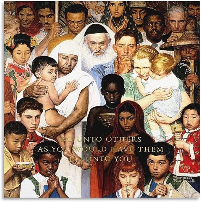 Плакат с принтом на Норман Рокуел Прави на другите, плакат Хората от всички раси и вероизповедания (без рамка, 20x20
