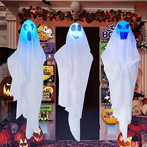 LIKESIDE 3 Опаковки Светещи Бели Висящи Бижута с Духове на Хелоуин, 27,5 инча, Окачени Духове на Дърветата, Уличен Интериор