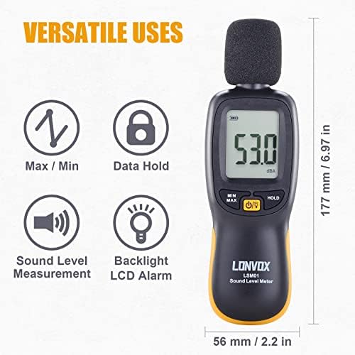 Децибелометр, Цифров Измерител на нивото на звука LONVOX с обхват на измерване от 30 до 130 dba, LCD дисплей с подсветка,