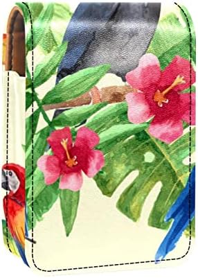Тропически Папагал Toucan Птици, Цветя Палмови Листа Калъф За Червило С Огледало Притежателя На Гланц За Устни Преносим