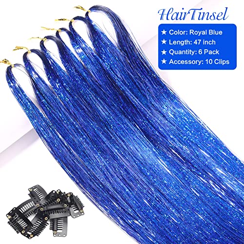 Goabroa 6 Опаковки Кралско синьо мишуры за коса, 47 См, 1000 направления, Лъскави Кичури за Удължаване на Коса,