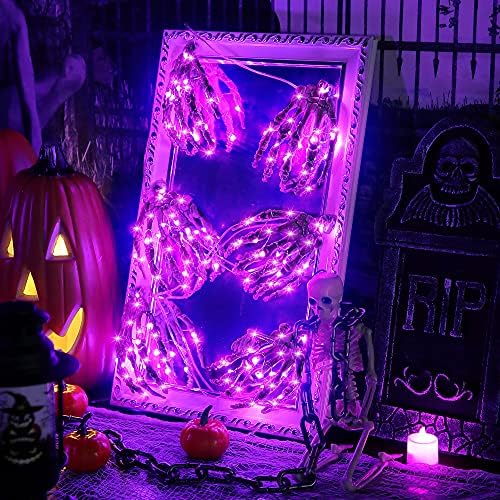 Ръчни Фенери с Черепа на Скелета на Хелоуин, 15 фута 60 светодиода, 6 броя Led светлини С виртуален скелет в реален размер, Лилаво