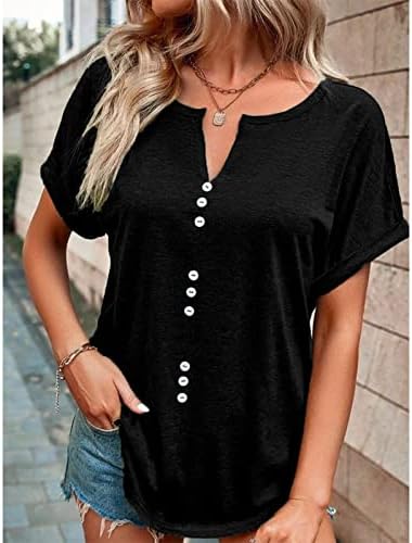 Блуза За Момичета Лято-Есен 2023, Памучен Основна Блуза Копчета с Къс Ръкав Vneck Тениска за Жени, регистрация