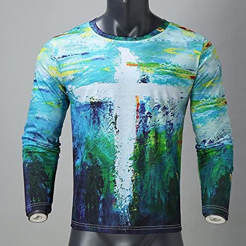 BEUU Мъжки Реколта Живопис с маслени Бои Вярата на Исус на Кръста Ежедневни Тениска Пуловер с кръгло деколте и