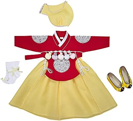 Комплект дрехи за честването на 100-годишнината от Байкила в корейски стил Ханбок за Малки момичета, Жълто-Червен