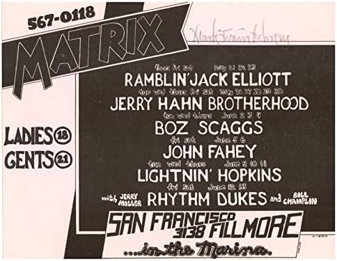 Матрицата, Сан Франциско, 1970 Рекламна билборд Марка Беренса, подписан от Джон Рамблином, Джак Елиът, Боз Скаггс
