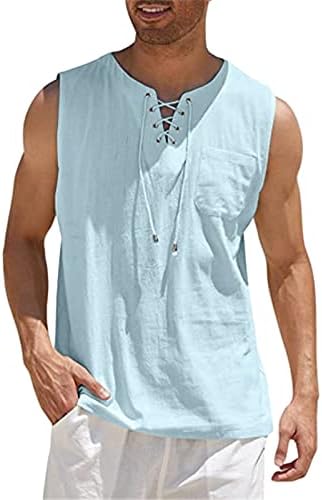 Мъжки Памучни Ленени Ризи в стил хипи, Ежедневни Плажната Тениска Свободно Намаляване Без Ръкави, Летни Блузи Дантела