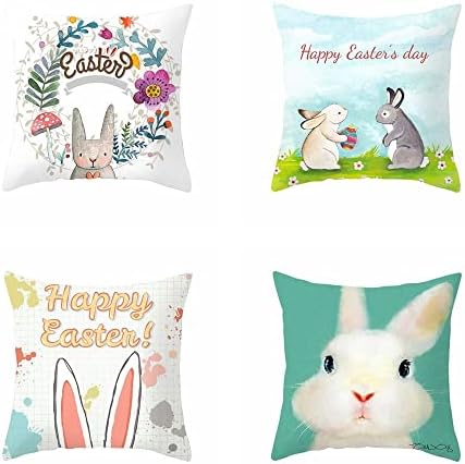 HomeSoGood 4 Опаковки покрива възглавница с Великден, Украса за дома, Великденски Яйца със Заек, Калъфки за възглавници от