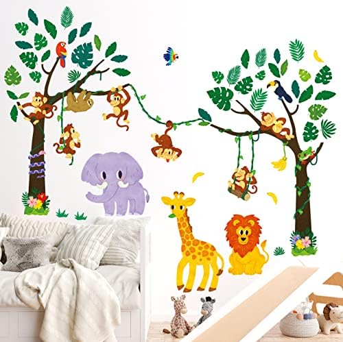 DECOWALL SG-2209 Стикери за стена с животни от джунглата и дървета, Етикети с Листа, Тропически декор за малки деца, Детска