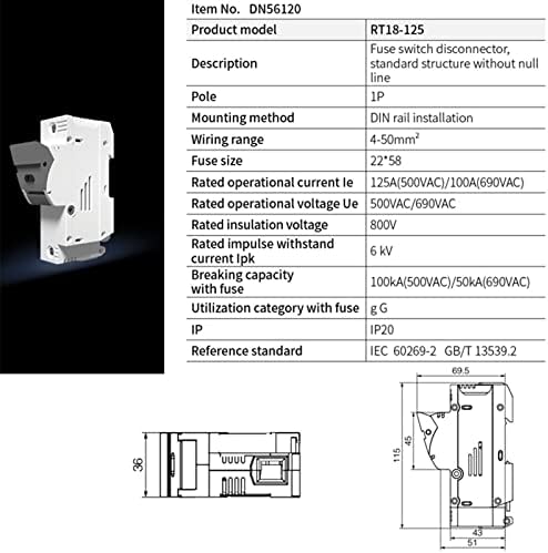 SMOKT 1 бр. държач на предпазителя ac база RT18-125 RO17 Быстроразъемный керамични DIN-рейк 22x58 мм 500 (цвят: само