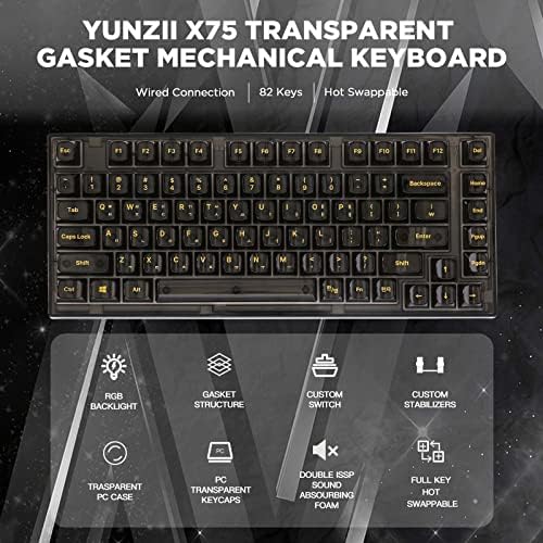 Механична клавиатура YUNZII X75 с възможност за гореща замяна 82 комбинации с Прозрачни капачки, клавиатура с монтиране