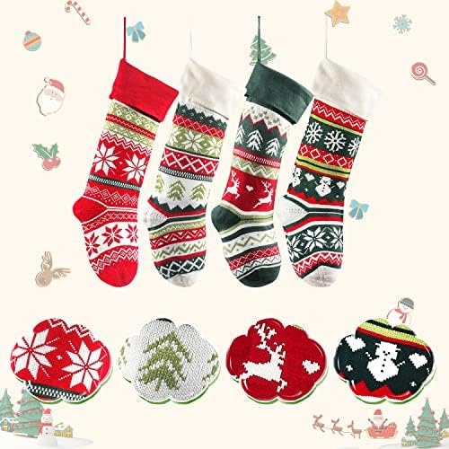 Brainfella Плета Коледни Чорапи, 4 Опаковки 22 Инч(И)И) Снежинка Елен Снежен човек Персонализирани Кабел