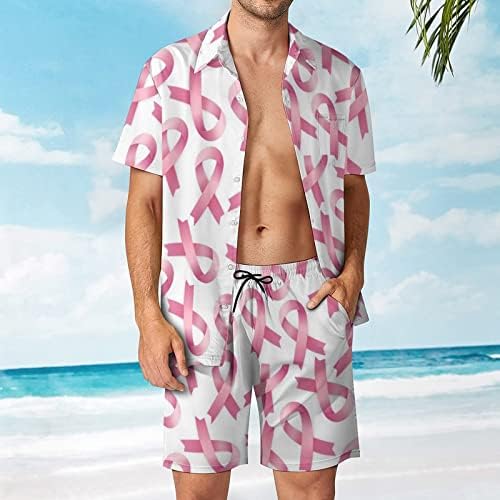 БАЙКУТУАН, Реалистична Розова Лента, Мъжки Плажна Риза от две Части с Къс ръкав и Къси панталонки копчета, Хавайски