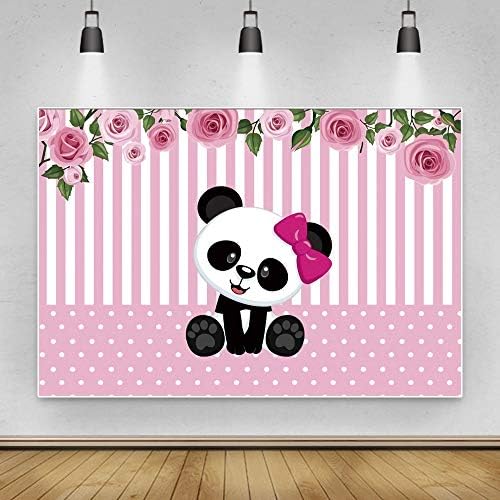 Renaiss 5x3ft Сладката Панда на Фона на Детската Душа в Розова и Бяла Ивица в Грах, Розови Цветя, фонове, за Снимки за