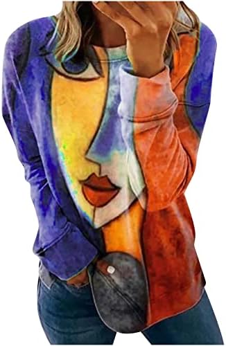 Блузи с дълъг ръкав за Жени, Ретро Пуловер с Абстрактно Принтом Лице, Hoody, Цветен Блок Лоскутная Туника, Тениски