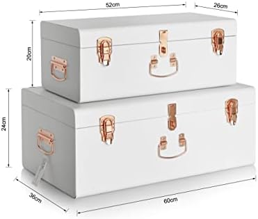 Метален Багажник за съхранение, Комплект от 2 теми - Бяла Декоративна кутия в ретро стил с дръжки и ключалки от розово