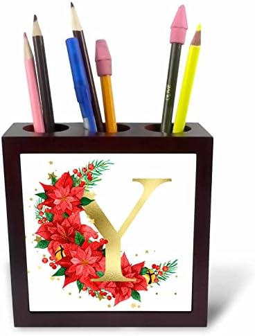 3. Най-доброто изображение на златен монограм Initial Y Poinsettia с цветен модел - Поставка за химикалки за плочки