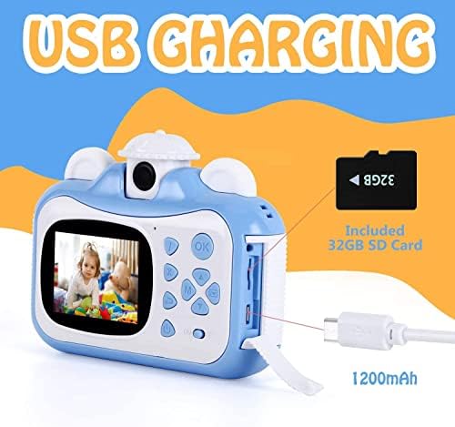 Камера миг печат за деца, печат на снимки в HD формат 1080p за деца, с 3 Листа хартия за печат и карта с памет 32 GB