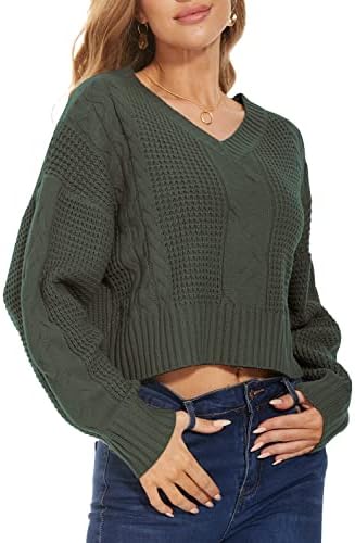 Jumppmile Женски Съкратен Топ от Вафельного Плетиво с V образно деколте, Пуловер с дълъг ръкав, Съкратен Пуловер