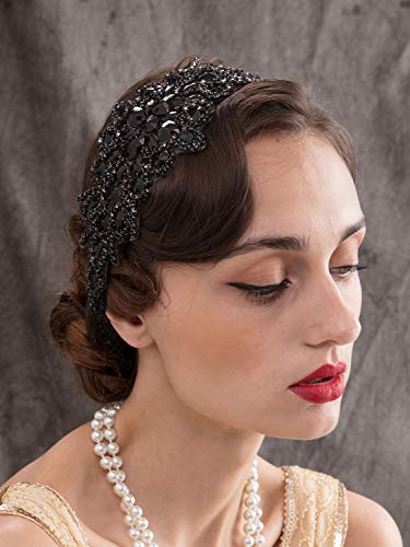 SWEETV Черна Превръзка на главата С кристали-Еластичен Прическа на 1920-те години, Аксесоари за коса Great Gatsby